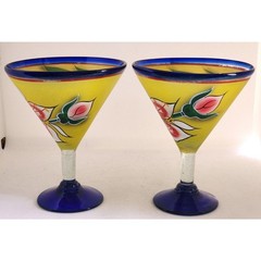 Pair Hand Painted Floral Margarita Glasses Blue Rim Yellow Mexican Style Set 2