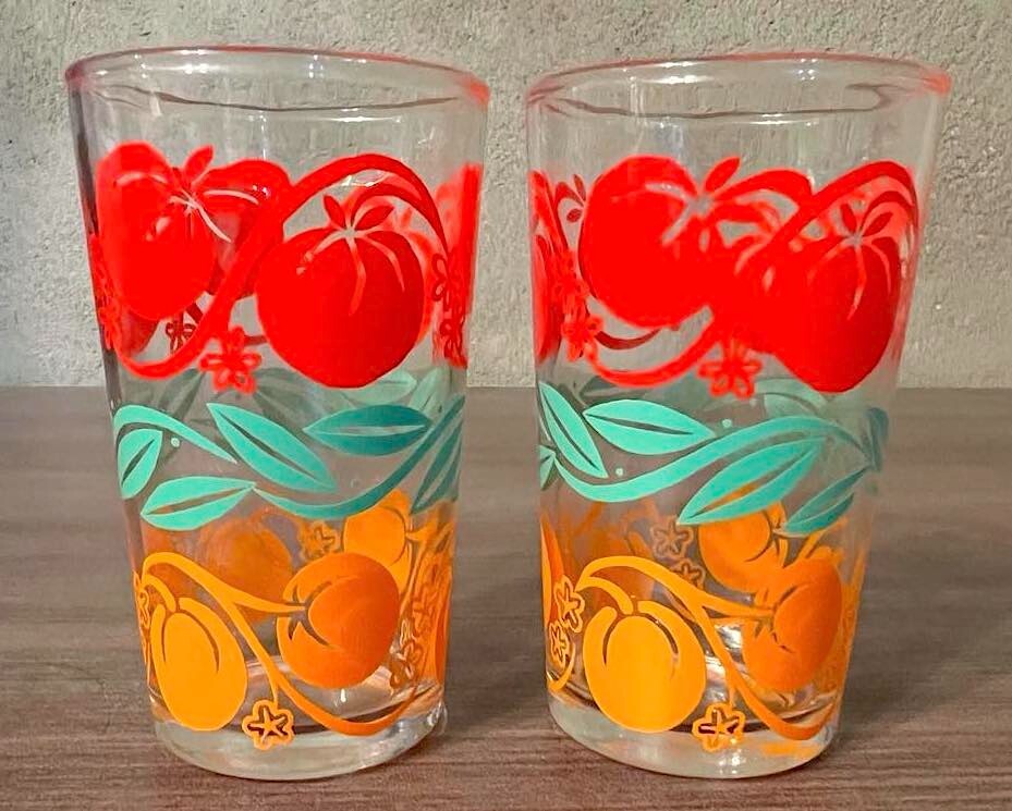 Vintage Mid Century Juice Glasses Orange Tomato Set of 2 Retro 4″