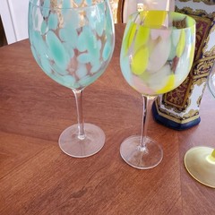 Yellow Green Wine Glasses Variety Set of 4 Mouth Blown Glasses 9 & 10 inches