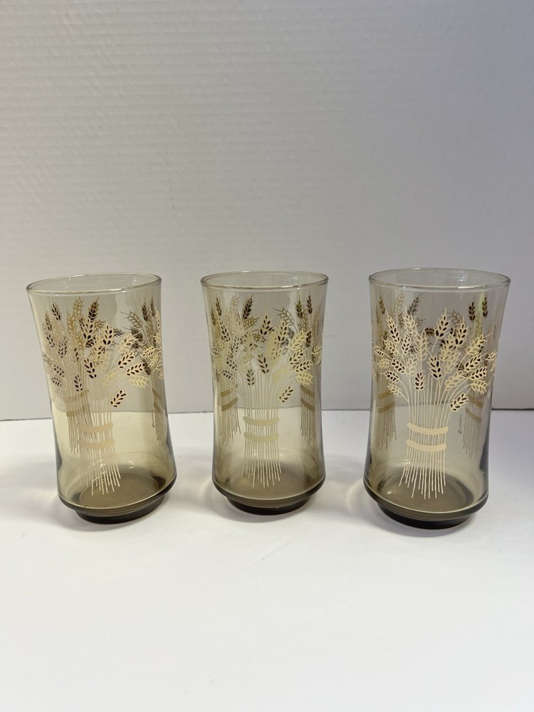 Vintage Libbey Golden Wheat Smoke Glass Tumblers Set of 3 5.5” Mid Century