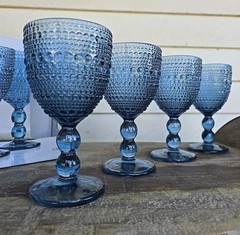 NEW Set Home Essentials HALO Hobnail Textured KNOB STEM Cobalt Water Wine Goblet