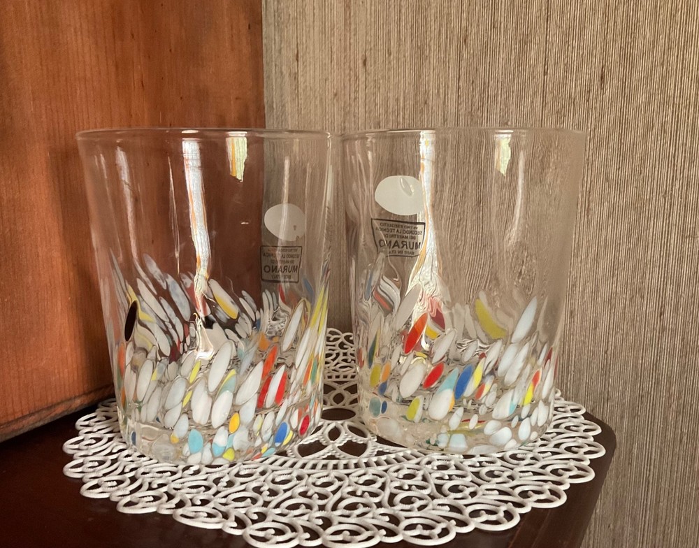 2 Murano White Crystal Multicolored Confetti cocktail glasses Hand Made Italy
