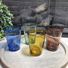 Set of 4 Hand Blown Mexican Art Drinking Glass Tumblers -Amber Blue Green Brown