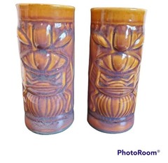 VTG Libbey Brown Stoneware Tiki Hawaiian Ceramic Tall Cocktail Glass 7″ Set of 2