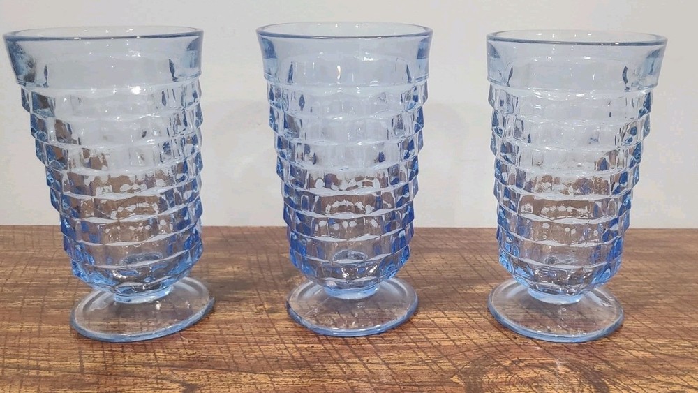 3 Vintage Indiana Glass Whitehall Colony Light Blue Cube 6″ Footed Iced Tea