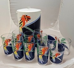 12- Vtg H J Stotter Acrylic/Plastic 8 high & 3 low Glasses w 1 ice bucket Parrot