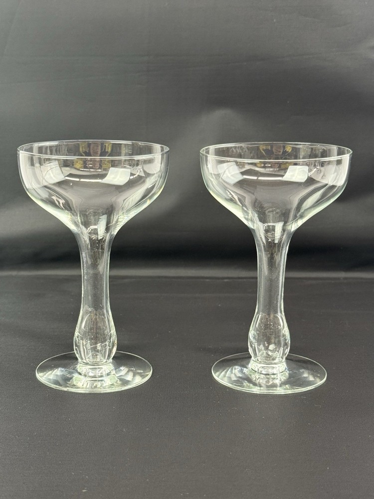 Set of 2 Vintage Hollow Bulbous Stem Champagne Coupe 5-1/4″ Tall