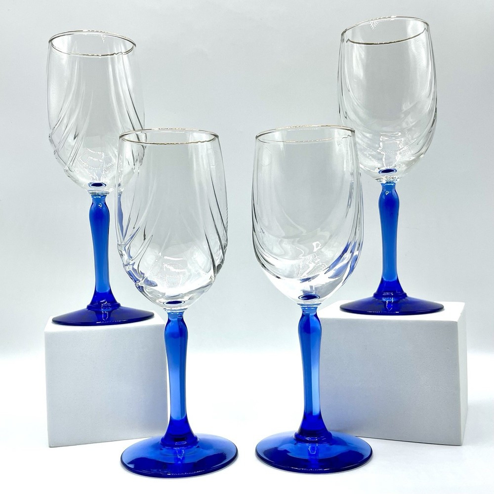 Lenox Crystal Swag Drape Cobalt Blue Stem Gold Rim Optic Swirl Wine Goblets 4 PC