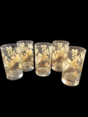 5 Vintage Hand Painted Cream White Floral Drink Glasses Gold Greek Key Trim 5″