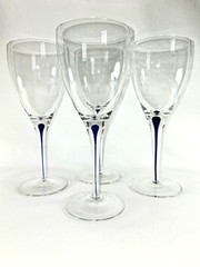 Pier 1 Hand Blown Wine Glasses Cobalt Blue Tear Drop Stem 8.25″ ~Set of 4~