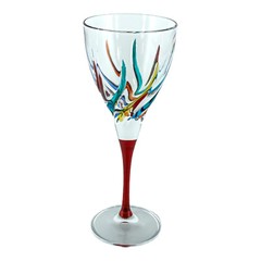 Pair of Murano Wine Glass Hand Painted Multi Red Stem Venice Italy
