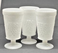 3 Milk Glass Grape Design Water /Ice Tea Footed Tumbler 12oz 5.75″ Vintage