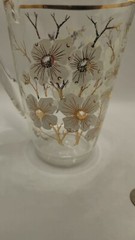 VTG 1 Pitcher 6 Glasses White Cherry Blossom Gold Trim Tree Branches Hand Blown