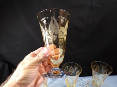 Set of 5 Fostoria Topaz Yellow Glass Trojan Ice Iced Tea Goblets Footed Tumblers