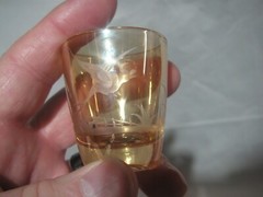 4 BOHEMIAN GLASS BIRD WITH FOLIAGE CUT TO CLEAR SHOT GLASSES, MARKED ON BOTTOM