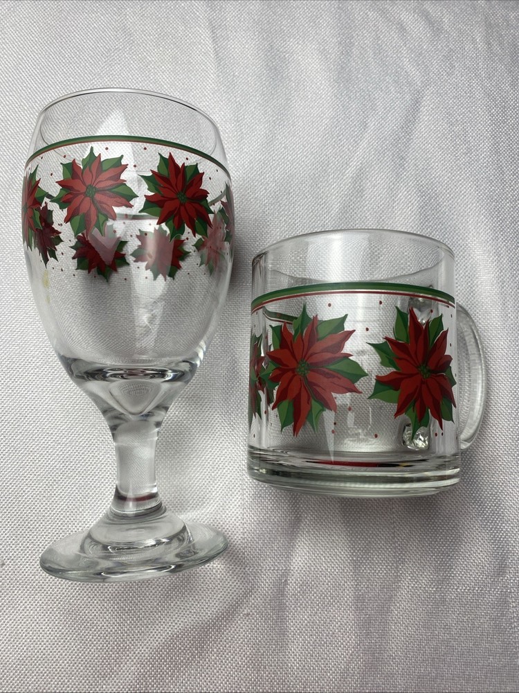 Libbey Goblet and Mug Poinsettia Glasses USA Made