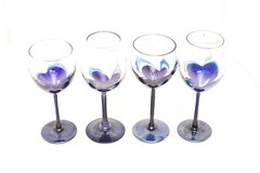 Randy Strong Studio Art Glass Set of 4 Wine Goblets Blue Pulled Feather SIGNED