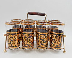 Culver Toledo Ebony Glassware Baroque S/8 HighBall Caddy Gold Black Tall Tumbler