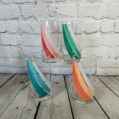 4 Libbey Wavy Banner Flag Tumblers Set Vintage Green Orange Pink Glasses