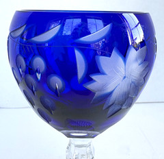 Czech Bohemian Crystal Cobalt Blue Cut To Clear Stem Stemware Wine Glasse 8 1/8″