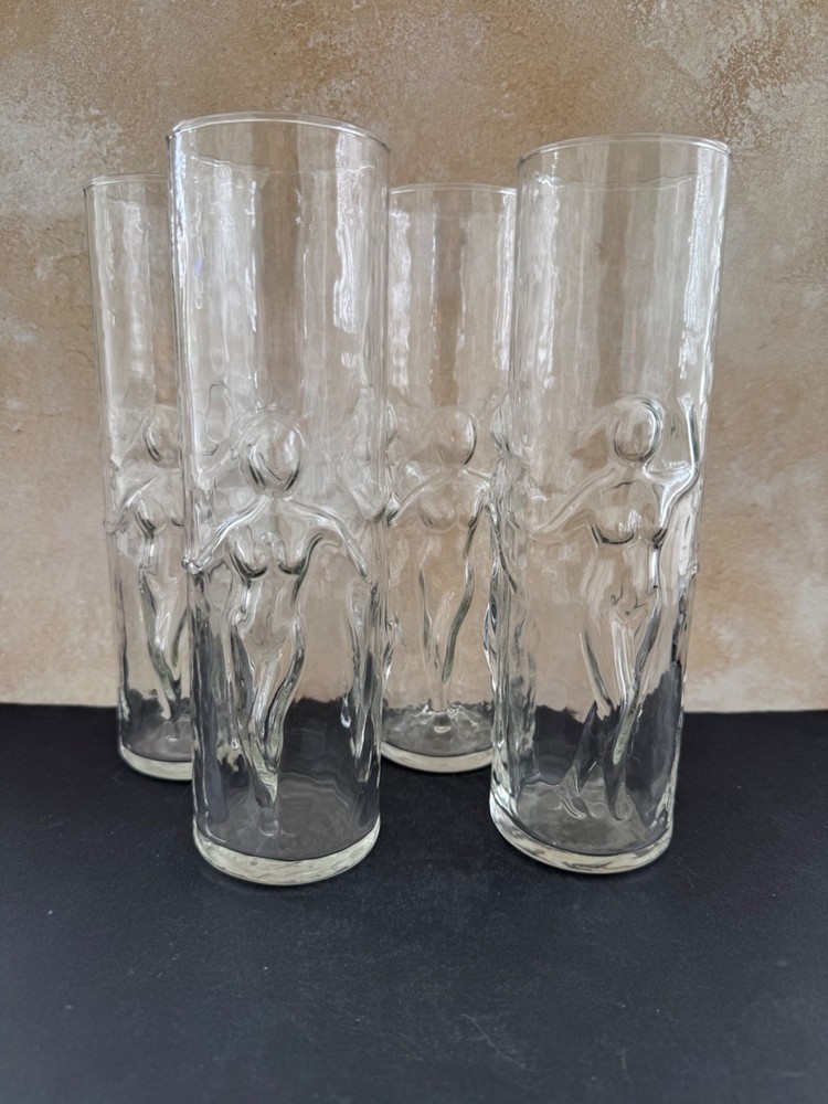 VINTAGE LIBBEY «LA FEMME DANCING NUDES» TALL ART DECO ICE TEA GLASSES FOUR (4)