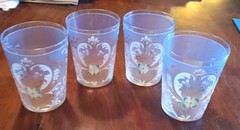 Vintage Enameled Hand Blown Painted Glass Tumbler Set 4 Blue Pink Flowers AS IS