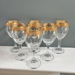 VTG Cellini Crystal Wine Glasses Set of 6 Scroll Etched 24kt Gold Rim Barware