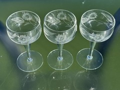 3 W.J. Hughes Cornflower Cordial Crystal Etched Cordials Sherry Glasses Vintage