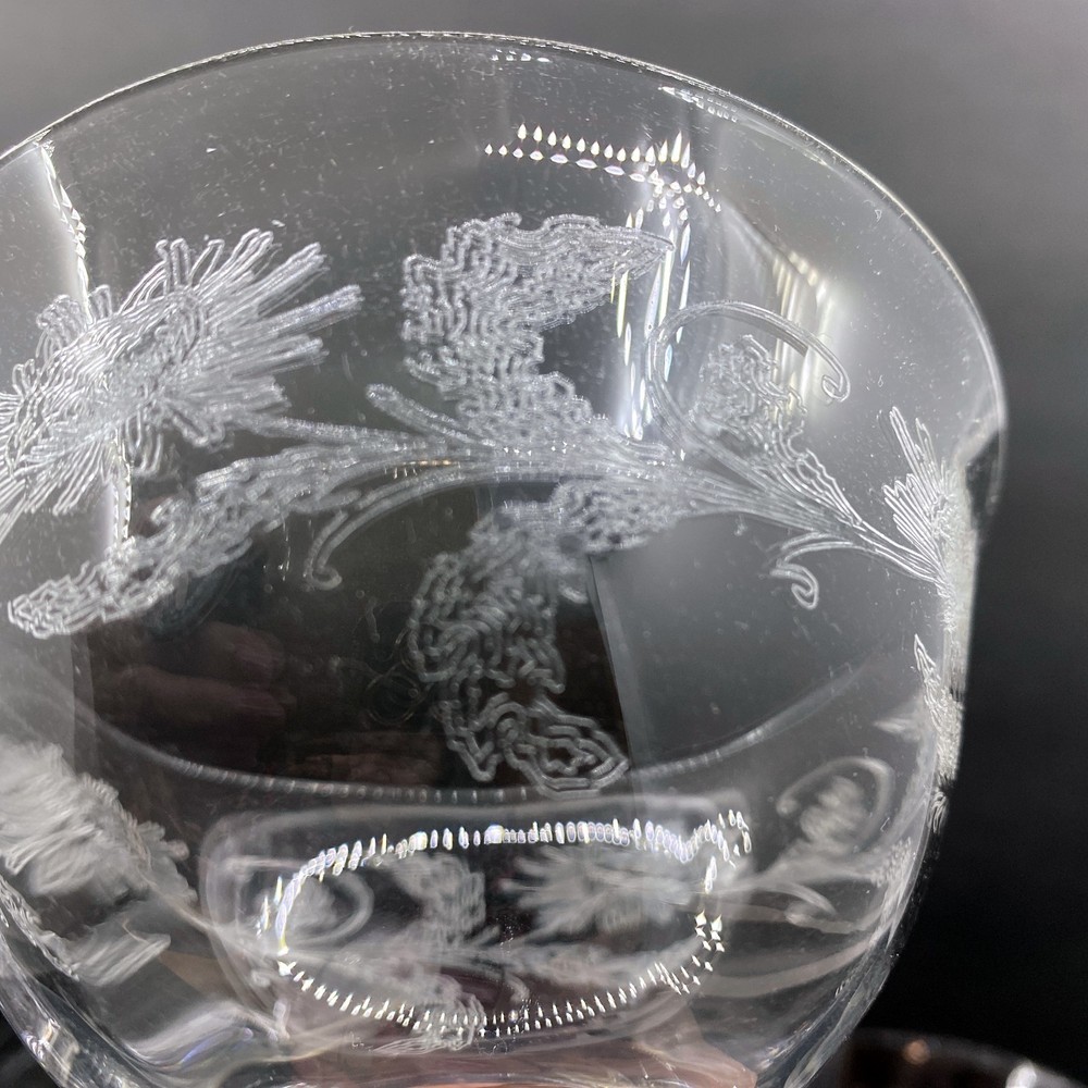 SET 4 Antique CHAMPAGNE / Sherbet COUPE French Mousseline CRYSTAL ETCHED Floral