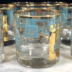 8 ~VTG MCM Libbey’s Old Fashioned Steamboat Glasses Teal Gold Southern Comfort