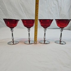 Paden City Ruby Red Glasses with removable Chrome Metal Stem Set 4 MCM VTG 1930s