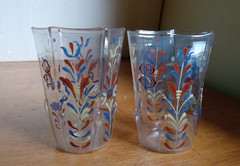 MATCHING PAIR OF 6 SIDED SALVIATI VENETIAN GLASS TUMBLERS ENAMEL DECORATED 1890s