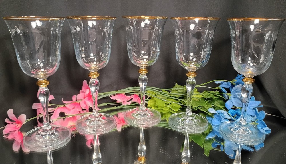 5 Gold Trimmed Optic Ripple Gold Lozenge Trumpet Wine Glasses Goblets Set