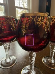 Ruby Red Wine Goblets 4 Hand Painted Gold Scroll Twisted Stem MCM Vintage Italy
