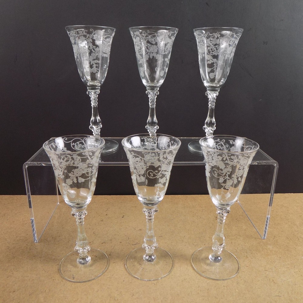 6 Cambridge Glass Elaine 3121 Small Wine Glasses 5-7/8″ Tall 2.5 oz. VGC Etched