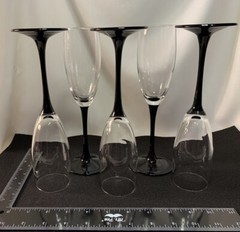 5 Fluted Champagne Glasses Domino Black Stem France by Cristal D’Arques-Durand