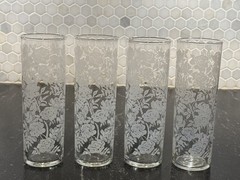 Set Of 4 Vintage Libbey MCM Highball / Collins Glasses White Roses & Leaves 7″