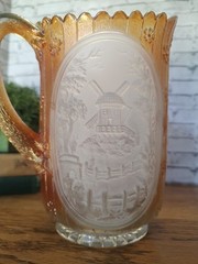 Vtg Carnival Glass Imperial orange frosted windmill panels & Man Row Boat/House