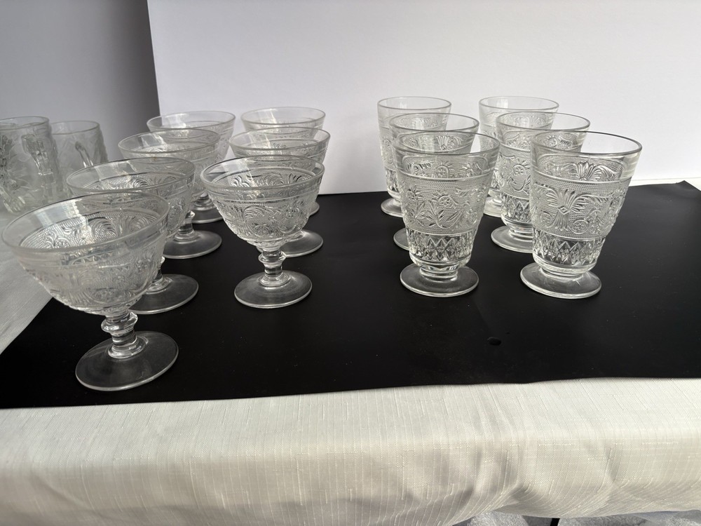 Antique Duncan Scroll Stippled EAPG Glass 13 Pc Goblet Sherbet Set c1880