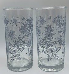 Set of 2 Clear w/ Gray Snowflakes Tall Drinking Glasses Tumblers Size 16 Oz