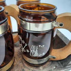Vintage Siesta Ware Western Beer Mugs Set Of 6 Amber Wood Handles Tray Barware