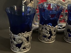 5 Vintage Cobalt Blue Cordial glasses w Tray Art Deco Silver Color Tray 4”
