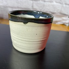 Studio Pottery Stoneware Tumbler 6 Oz Beige Blue Drip Glaze Speckled Mug Tea