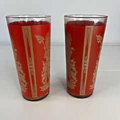 Culver Siam Tumblers Goddess Highball Glass Red Gold Hindu Thai VTG Set 1960s