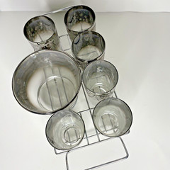 Vitreon Queen’s Lusterware MCM Silver Fade Grape Glasses Chrome Caddy Ice Bucket