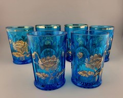 6 Antique Vintage Northwood Glass Blue Oriental Poppy Gold Tumblers 4 1/4″ Tall