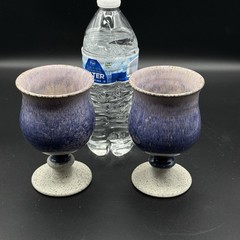 Pottery Wine Goblets Chalice Blue and White Glazed Set of 2 Signed Handmade Gift