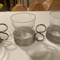 Lot of 4 Vintage Littala Tsaikka Finland Tea Coffee Cups Glass & Metal Sarpaneva