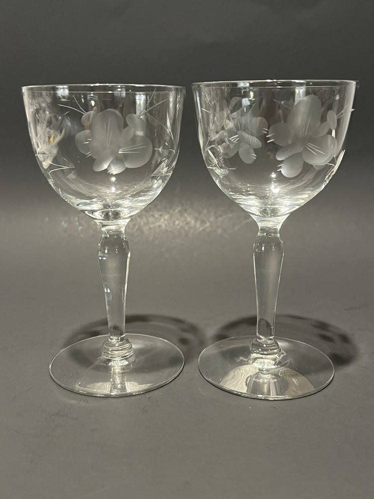 Vintage Etched Crystal Cordial Glasses Mid Century Set of 2 Floral & Butterfly