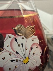 Cranberry Bohemian Glass Goblets, Hand Painted Vintage Czech Republic 1930’s